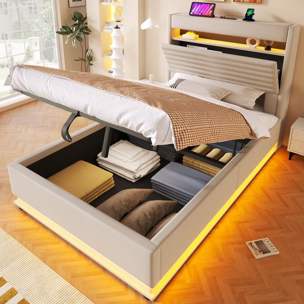 Merax Polsterbett, 90x200cm, Einzelbett, Mit USB Typ-C Ladefunktion, LED-Beleuchtung, Hydraulische Lagerung, Flip-Top-Aufbewahrungsfach, Leinen, Beige