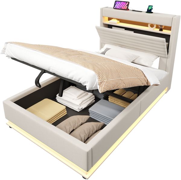 Merax Polsterbett, 90x200cm, Einzelbett, Mit USB Typ-C Ladefunktion, LED-Beleuchtung, Hydraulische Lagerung, Flip-Top-Aufbewahrungsfach, Leinen, Beige Bild 10