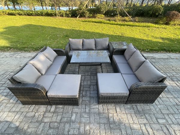 Fimous Polyrattan Gartenmöbel Set 11-Sitzer Polyrattan Garten Sofa im Freien Set mit Beistelltisch Rechteckiger Esstisch 2 hohen Hockern Dunkelgrau Gemischt