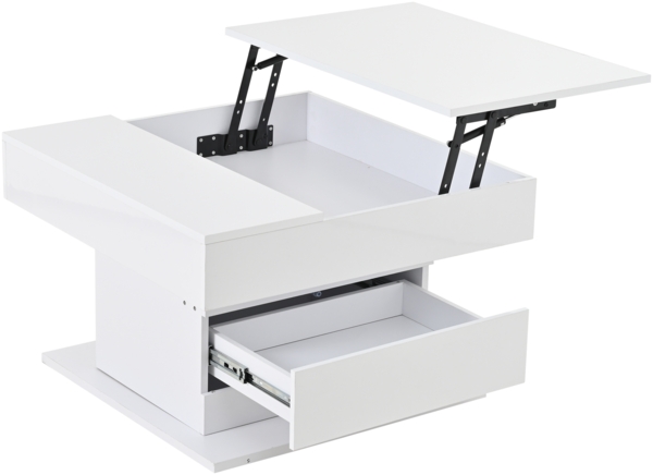 Merax Couchtisch, Obere Tischplatte 360° frei drehbar, anhebbarer Sofatisch mit 1 Schublade, hochglänzende Wohnzimmertisch mit verstecktem Stauraum, Beistelltisch, Weiß Bild 9
