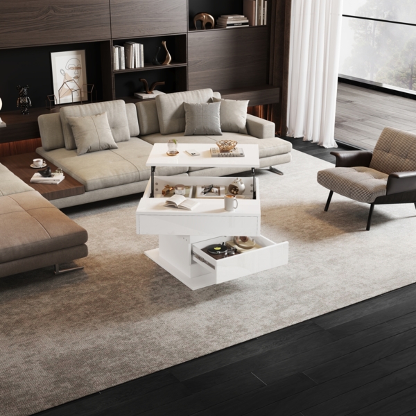 Merax Couchtisch, Obere Tischplatte 360° frei drehbar, anhebbarer Sofatisch mit 1 Schublade, hochglänzende Wohnzimmertisch mit verstecktem Stauraum, Beistelltisch, Weiß Bild 5