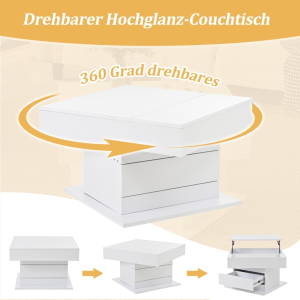Merax Couchtisch, Obere Tischplatte 360° frei drehbar, anhebbarer Sofatisch mit 1 Schublade, hochglänzende Wohnzimmertisch mit verstecktem Stauraum, Beistelltisch, Weiß Bild 6
