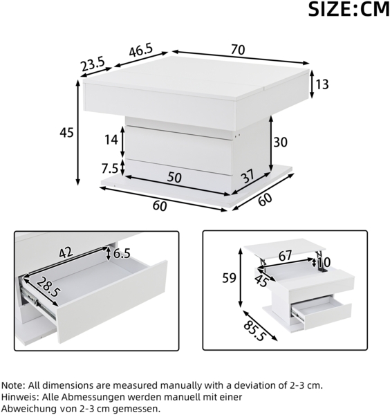 Merax Couchtisch, Obere Tischplatte 360° frei drehbar, anhebbarer Sofatisch mit 1 Schublade, hochglänzende Wohnzimmertisch mit verstecktem Stauraum, Beistelltisch, Weiß Bild 4