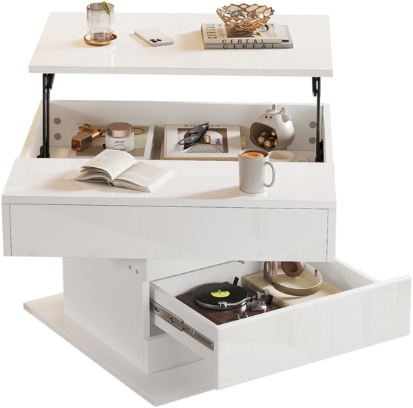 Merax Couchtisch, Obere Tischplatte 360° frei drehbar, anhebbarer Sofatisch mit 1 Schublade, hochglänzende Wohnzimmertisch mit verstecktem Stauraum, Beistelltisch, Weiß Bild 10