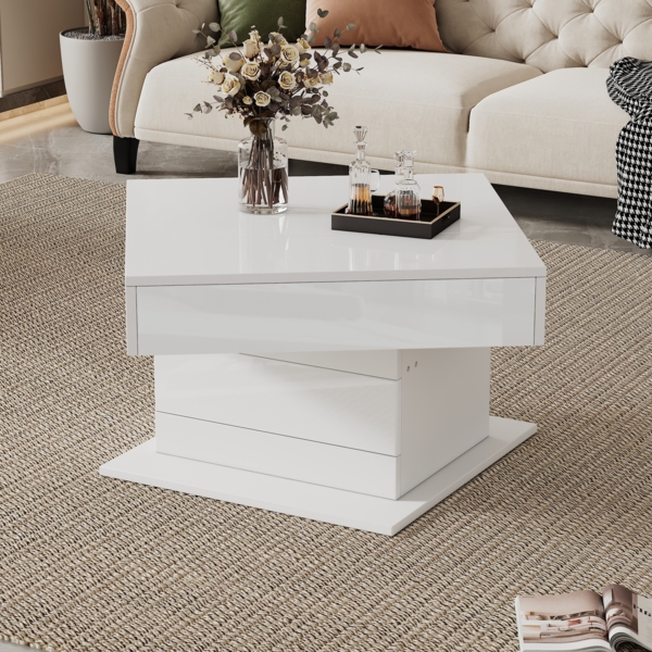 Merax Couchtisch, Obere Tischplatte 360° frei drehbar, anhebbarer Sofatisch mit 1 Schublade, hochglänzende Wohnzimmertisch mit verstecktem Stauraum, Beistelltisch, Weiß Bild 2