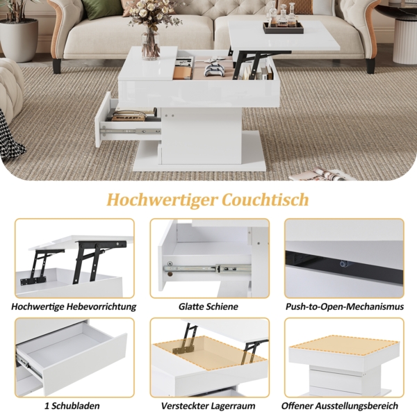 Merax Couchtisch, Obere Tischplatte 360° frei drehbar, anhebbarer Sofatisch mit 1 Schublade, hochglänzende Wohnzimmertisch mit verstecktem Stauraum, Beistelltisch, Weiß Bild 8