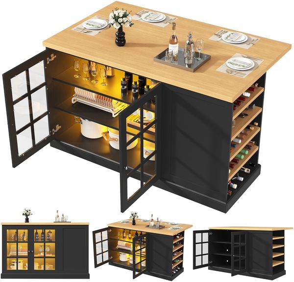 Merax Multifunktionaler klappbarer Bartisch Kücheninsel mit Smart LED Farblicht, schräges Weinregal & Aufbewahrungsschublade, Schwarz Bild 10