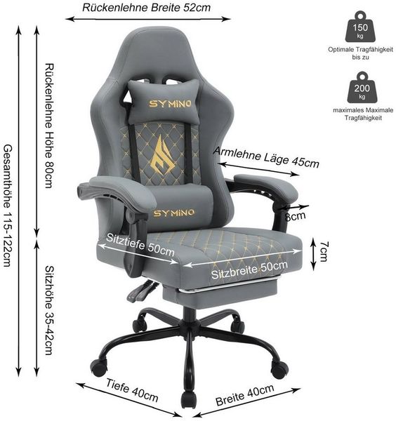symino Gaming-Stuhl Ergonomischer PC Stuhl aus PU-Leder,200 kg Belastbarkeit, mit Fußstütze, Kopfstutze