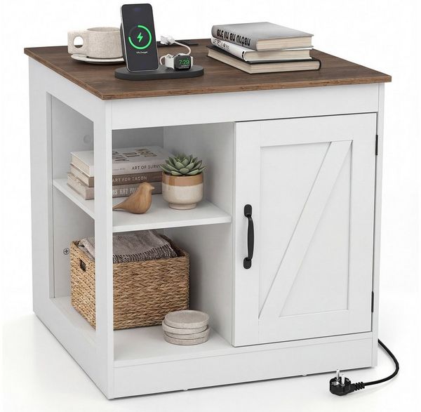 COSTWAY Beistelltisch, Nachttisch mit Ladefunktion, verstellbarem Regal Holz