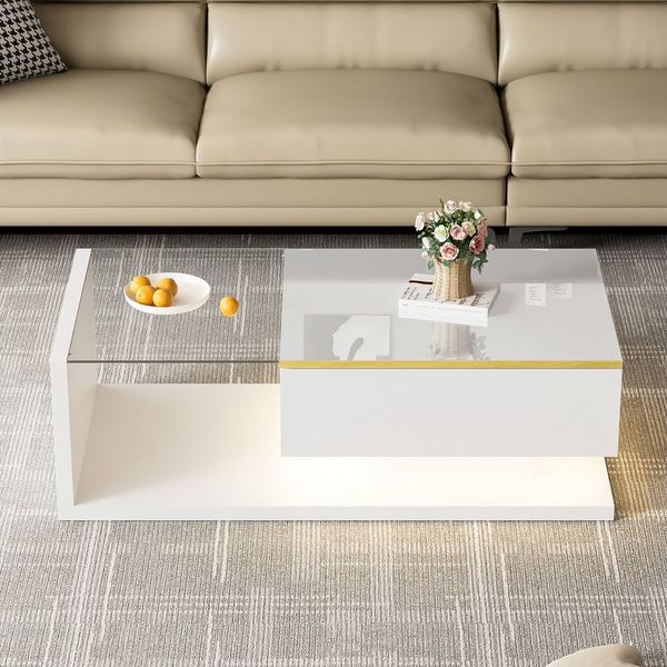Celya Couchtisch Couchtisch Hochglanz, Beistelltische, mit Glas und LED-Beleuchtung, 100 cm langer Couchtisch
