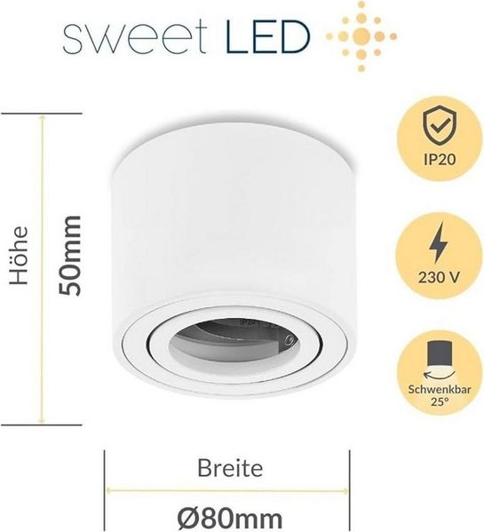 Sweet LED Aufbauleuchte flach & schwenkbar – Deckenspot Aluminium 230V, LED-Modul geeignet, schwenkbar, ohne Leuchtmittel, Aufbaustrahler LED, Aufbauspot, Deckenstrahler