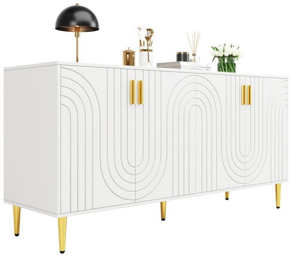 Tongtong Sideboard modernes Sideboard mit 4 Türen und 4 Fächern, 152 x 40 x 75 cm, mit einzigartigem Wellendesign und goldenen Füßen, Schwarz