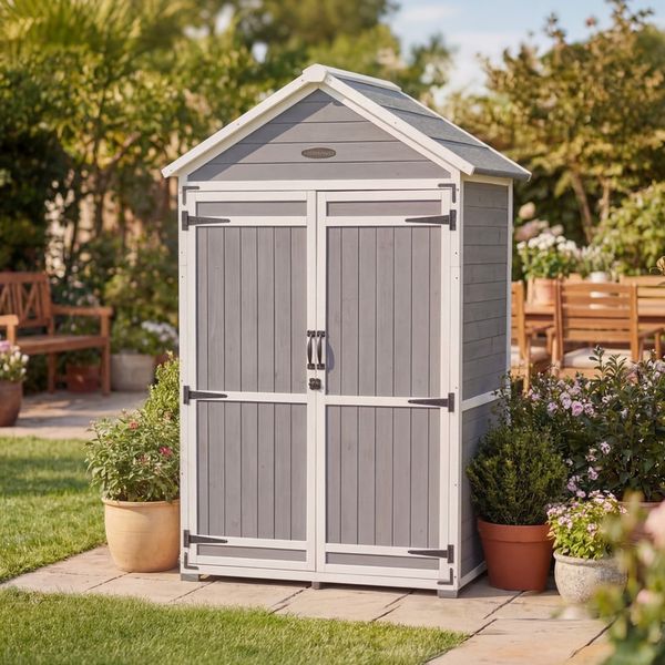 HOMAVO Gerätehaus Gartenschrank Werkzeugschrank Geräteschuppen Holzhäuschen, Outdoor-Schrank, Satteldach, mit 2 Einlegeböden, 99.3*56.5*178cm