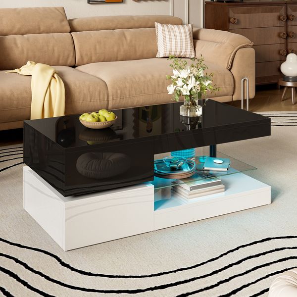 Couchtisch mit LED-Beleuchtung, Glasablage & Hochglanz, 90 x 45 x 35,5 cm, Schwarz/Weiß