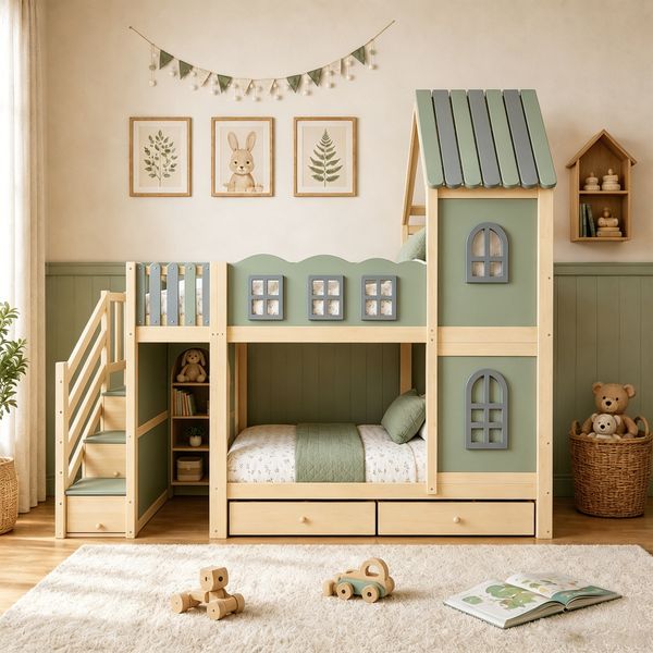 Merax Etagenbett 90 x 200 cm, Kinderbett, Jugendbett, Mit Bettgitter in Wolkenform, Dachkonstruktion Mit Fenstern, Stauraumleiter, Regalen und Schubladen, Kinderbett aus Holz, Grün