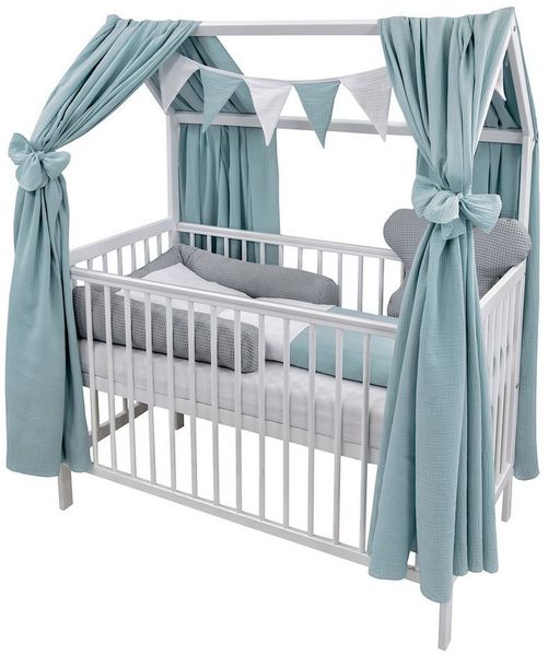 Baby-Delux Komplettbett Hausbett Babybett Komplettset Waffelpique Musselin, 12-tlg, Kinderbett 60x120 cm weiß, Bettset verschiedene Designs