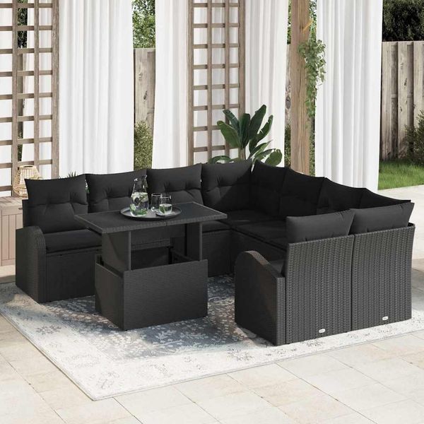vidaXL Garten-Sofa-Set mit Kissen mit Kissen 9 pcs Schwarz Poly Rattan 3357356