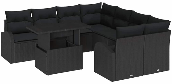 vidaXL Garten-Sofa-Set mit Kissen mit Kissen 9 pcs Schwarz Poly Rattan 3357356