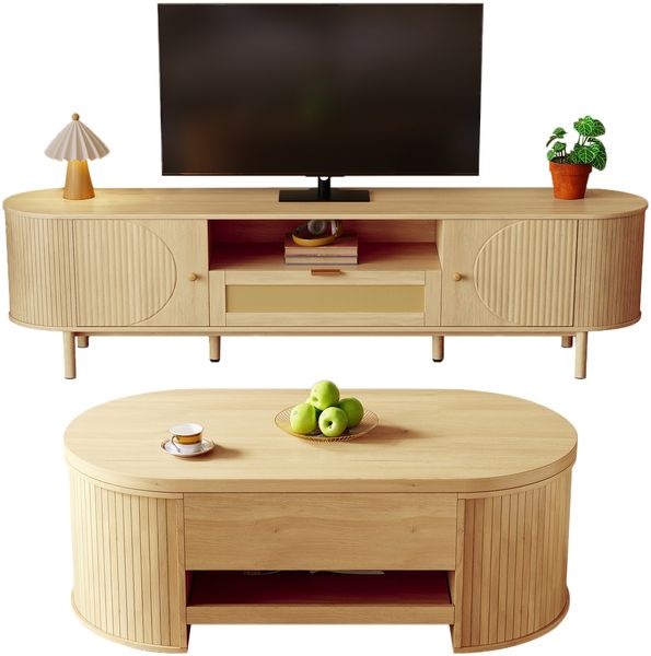 Wohnzimmermöbel-Set, Mit höhenverstellbarem Couchtisch und TV-Schrank modernes Design Stauraum abgerundete Kanten harmonisch abgestimmt, Holz, Weiß