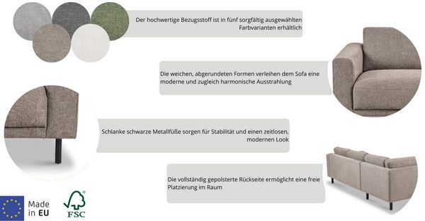 Home affaire 3-Sitzer Sveeva, B. 214 cm, schwarze Metallfüße, langlebiger Webstoff, mit Wellenunterfederung, viele Farben Bild 3