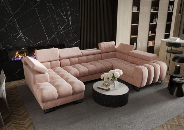 Wohnlandschaft Schlafsofa BASTIEN in Stoff Terra Puderrosa Ottomane Links