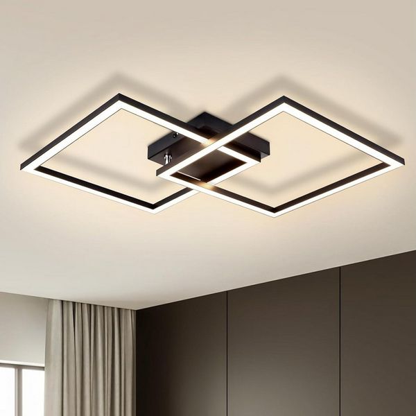 Nettlife LED Deckenleuchte Flur Wohnzimmer Schwarz moderne Kristall Deckenlampe 12/24W, LED fest integriert, Warmweiß, ohne Kristalle 24W 46.1*46.1*5.8cm für Wohnzimmer Flur Schlafzimmer