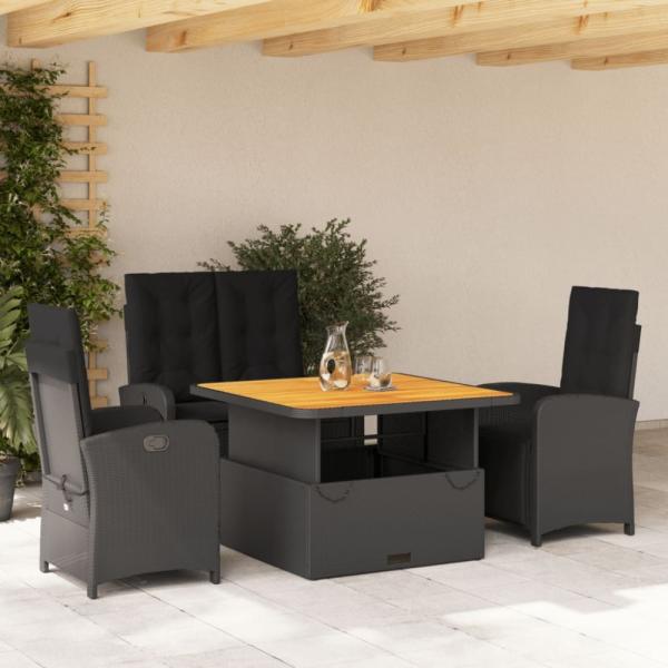 vidaXL 4-tlg. Garten-Essgruppe mit Kissen Schwarz Poly Rattan 3277333
