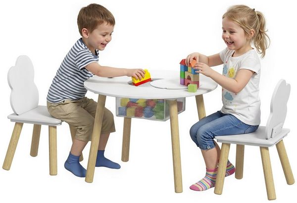 AIYAPLAY Kindersitzgruppe Kinder Tisch Stuhl Set mit Aufbewahrungsnetz, (mit Holzbeinen, 3-tlg, 1 Tisch, 2 Stühle), für Kinderzimmer, für 3-6 Jahre Kinder, Weiß