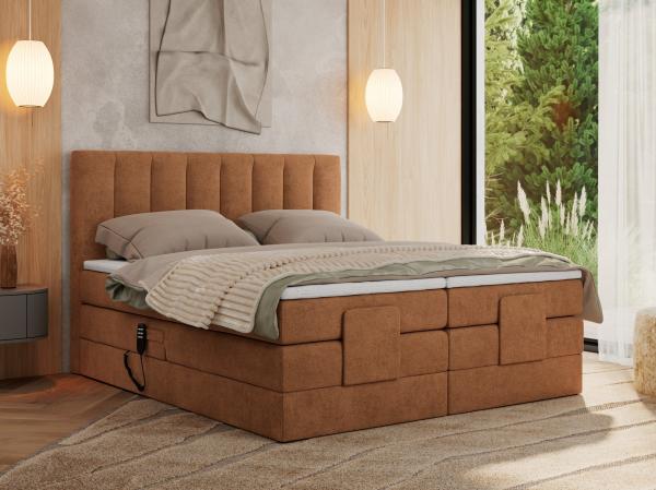 Boxspringbett mit elektrisch verstellbaren Matratzen, zwei Bettkästen und einem Topper - COMFORTO - 160 x 200 cm - Orange Struktur - H3