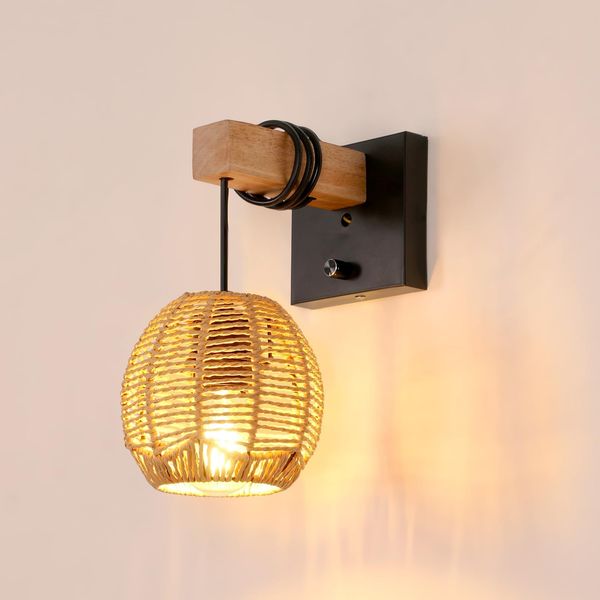 Toolight Wandleuchte Holz E27, Vintage Boho Wandlampe Innen mit Schalter, Retro Rattan Wandlampe, Industrial Wandleuchte aus Metal für Flur, Wohnzimmer, Schlafzimmer, Treppenhaus (Ohne Leuchtmittel)