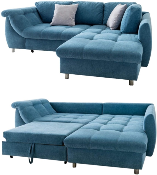 ECKSOFA mit Schlaffunktion, Bettkasten, Wellenunterfederung, Ottomane rechts B250/T190/H84 cm, Liegefl. 179x190 cm, Mikrofaser Blau