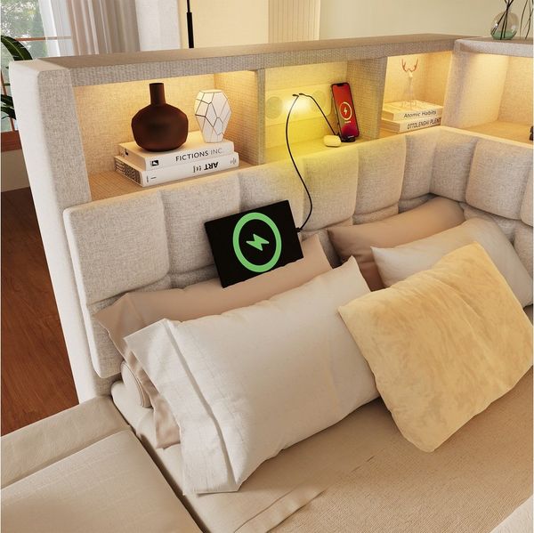 OKWISH Polsterbett Bett 90x200 cm mit Ausziehbett, LED und Ladeanschlüssen, Beige (Funktionsbett, 1-tlg, L-Kopfteil mit Stauraumregal, Schlafsofa/Gästebett), mit LED-Beleuchtung & USB/Type-C Ladestation