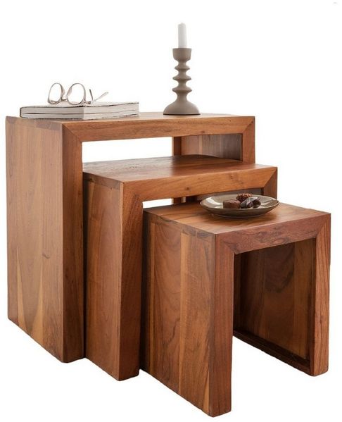 Liadomo Beistelltisch Bianca, Couchtisch, Nachttisch, Holztisch, Wohnzimmertisch (3er-Set), Massivholz, braun, 3-teilig, 3 Größen, Unikat