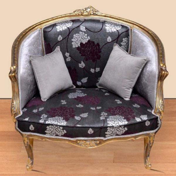 Casa Padrino Barock Sessel mit elegantem Muster Schwarz / Lila / Silber / Gold - Barockstil Wohnzimmer Sessel - Antik Stil Sessel - Barockstil Wohnzimmer Möbel - Barock Möbel - Barock Einrichtung