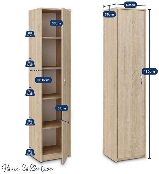 Schrank Mehrzweckschrank Sonoma 40cm Breite 180cm Höhe mit Vier Einlegeböden schmaler Aktenschrank Organizer Kleiderschrank aus MDF Holz