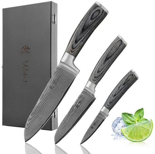 Wakoli Messer-Set EDIS 3er Damastmesser-Set I Holzbox I 8-17cm Klinge I Pakkaholzgriffe (Damastmesser mit Holzbox, 3-tlg), 67 Lagen Damaststahl, VG-10 Stahlkern