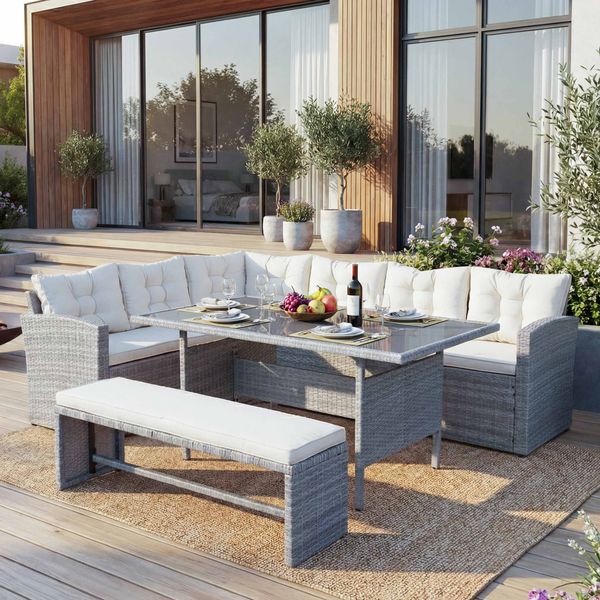 Poly-Rattan-Garnitur HWC-A29, Gartengarnitur Sitzgruppe Lounge-Esstisch-Set Sofa ~ hellgrau, Kissen creme + Bank