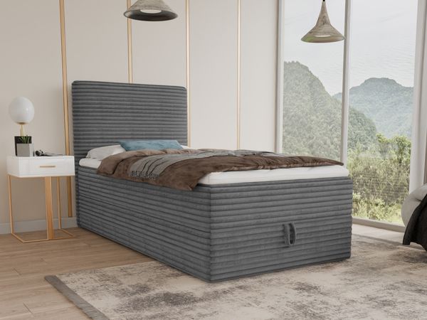 Boxspringbett Mollo Mini mit Bettkasten und Matratzentopper - Einzelbett mit Bonell-Matratze und Topper, Polsterbett in weichem Cordstoff, Bett, Schlafzimmer (Graphit (Tilia 90), 80 x 200 cm)