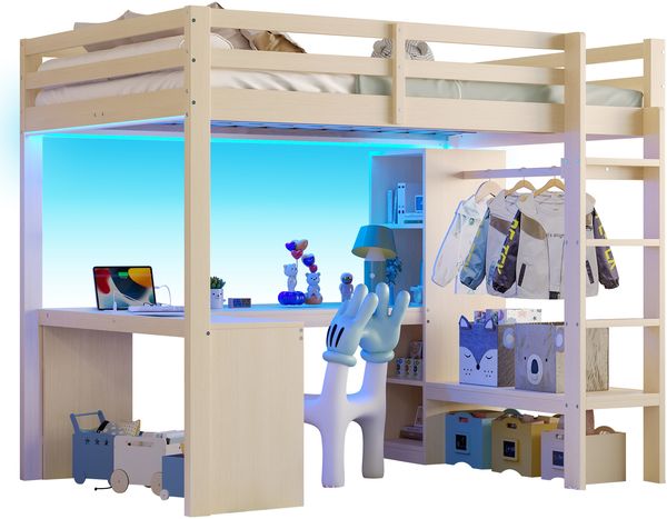 Hochbett 140x200 mit Multifunktionsregalen, Unterbettschreibtisch, LED-Licht und USB, Natürlich