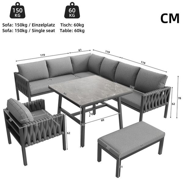 Celya Gartenlounge-Set Gartenmöbelset, Seilgartenmöbelset mit verzinktem Eisengestell, (Tischplatte aus gehärtetem Glas, inklusive aller Sitz- und Rückenkissen, grau), verstellbare Beine, Ecksofa