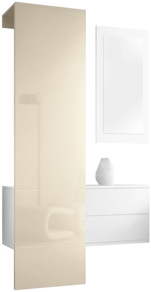 Vladon Garderobe Carlton Set 2, Garderobenset bestehend aus 1 Garderobenpaneel, 1 Schubkastenschrank und 1 Wandspiegel, Weiß matt/Creme Hochglanz (105 x 193 x 35 cm)