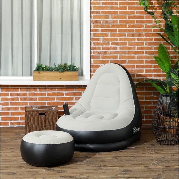 Outsunny Luftsessel Aufblasbares Sofa mit Fußhocker, Becherhalter, (Aufblasbarer Sessel, 2-tlg, Luftsofa), für Camping, Zuhause, Hellgrau, 125 x 100 x 87 cm