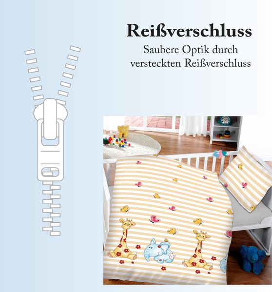 Kinder Bettwäsche 2-tlg ( 100x135cm / 40x60cm ) Bettdecken Set, 100% Baumwolle - Babybettwäsche mit Motiv Elefant & Giraffe Bild 3