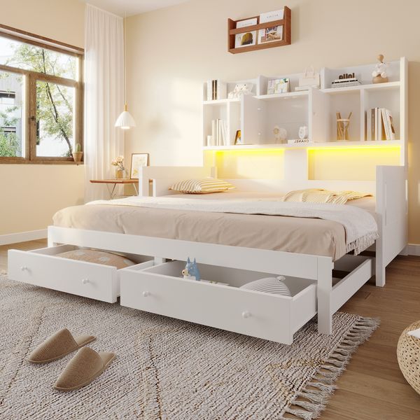 Multifunktionales Ausziehbares Schlafsofa Aus Holz Mit Schubladen, Ablageflächen, Schränken und offenen Fächern, Ausgestattet Mit Steckdosen und LED-Beleuchtung, Gästebett, Weiß