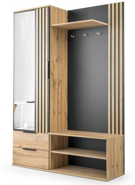 Compleo Garderoben-Set mit 2 Schubladen, Spiegel und Schuhregal LAMS Eiche wotan + schwarz