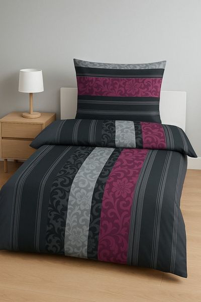 soma Bettwäsche Bettbezug 135x200 80x80 Barock gestreift Boho lila grau bieber warm, Biber, 2 teilig, Weiches Biber Set mit Barock-Motiv in Beere und Grau zweifarbig