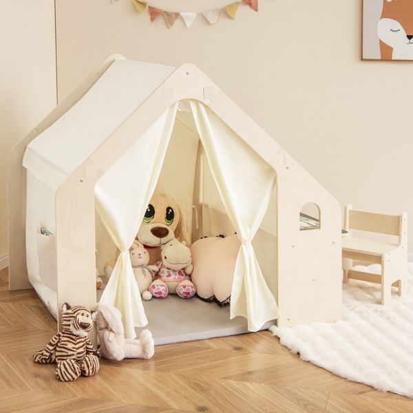 6-IN-1 Holz Kinderzelt mit Kindertisch & Stuhl & Matte & Tafel Spielhaus 131 x 98 x 113 cm
