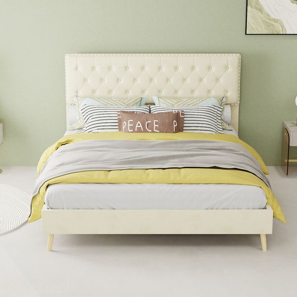 Polsterbett 140×200 cm mit hohem Kopfteil und Stauraum unter dem Bett, Beige