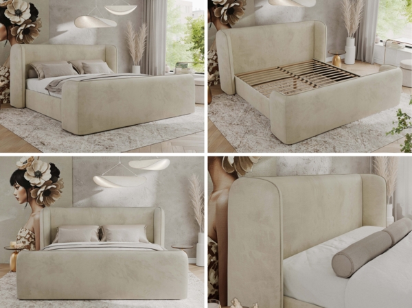 Polsterbett mit Lattenrost, Doppelbett für Schlafzimmer, Gepolstertes Kopfteil, Foam matratze, Härtegrad H2 - EMORA DUO - 120 x 200 cm - Beige Velours - MIRO - LUX Bild 2