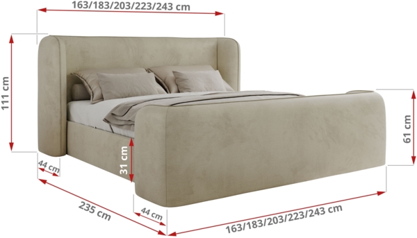 Polsterbett mit Lattenrost, Doppelbett für Schlafzimmer, Gepolstertes Kopfteil, Foam matratze, Härtegrad H2 - EMORA DUO - 120 x 200 cm - Beige Velours - MIRO - LUX Bild 4